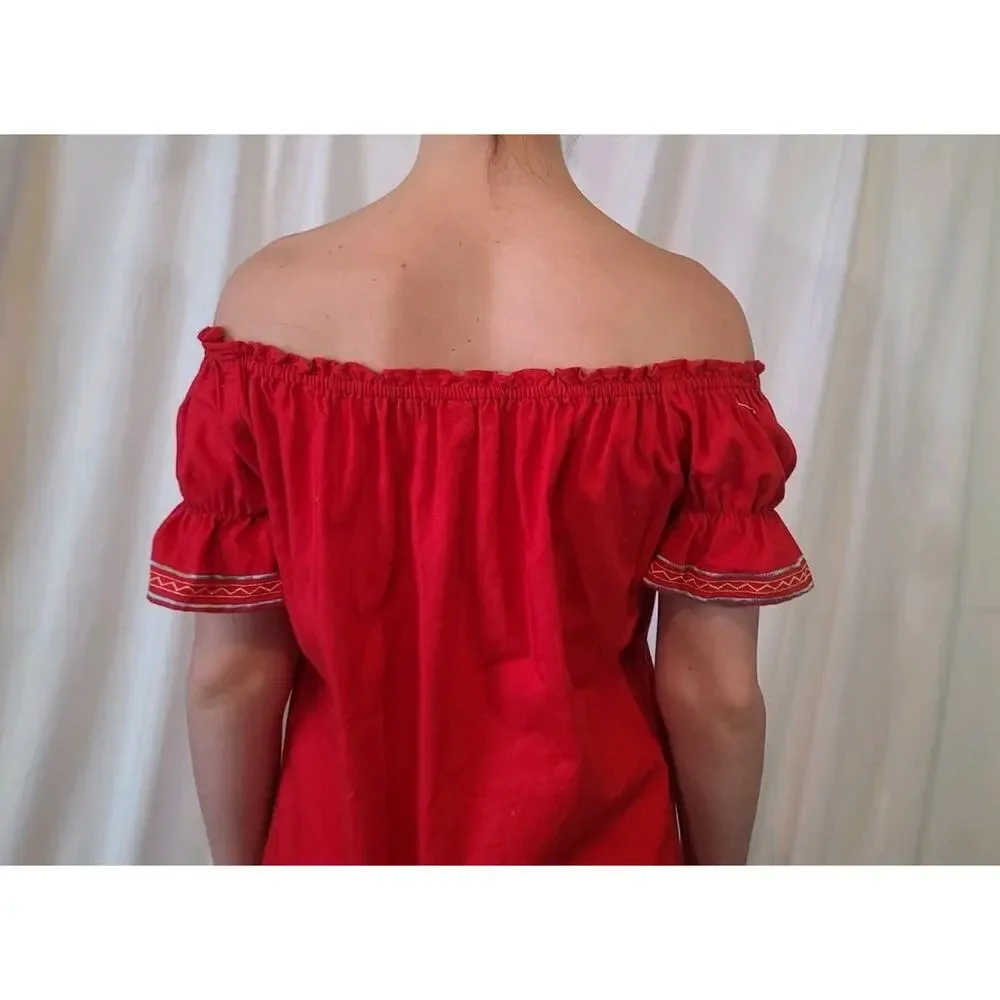 Free People Fleur Du Jour Embroidered Red Off Shoulder Mini Dress XS